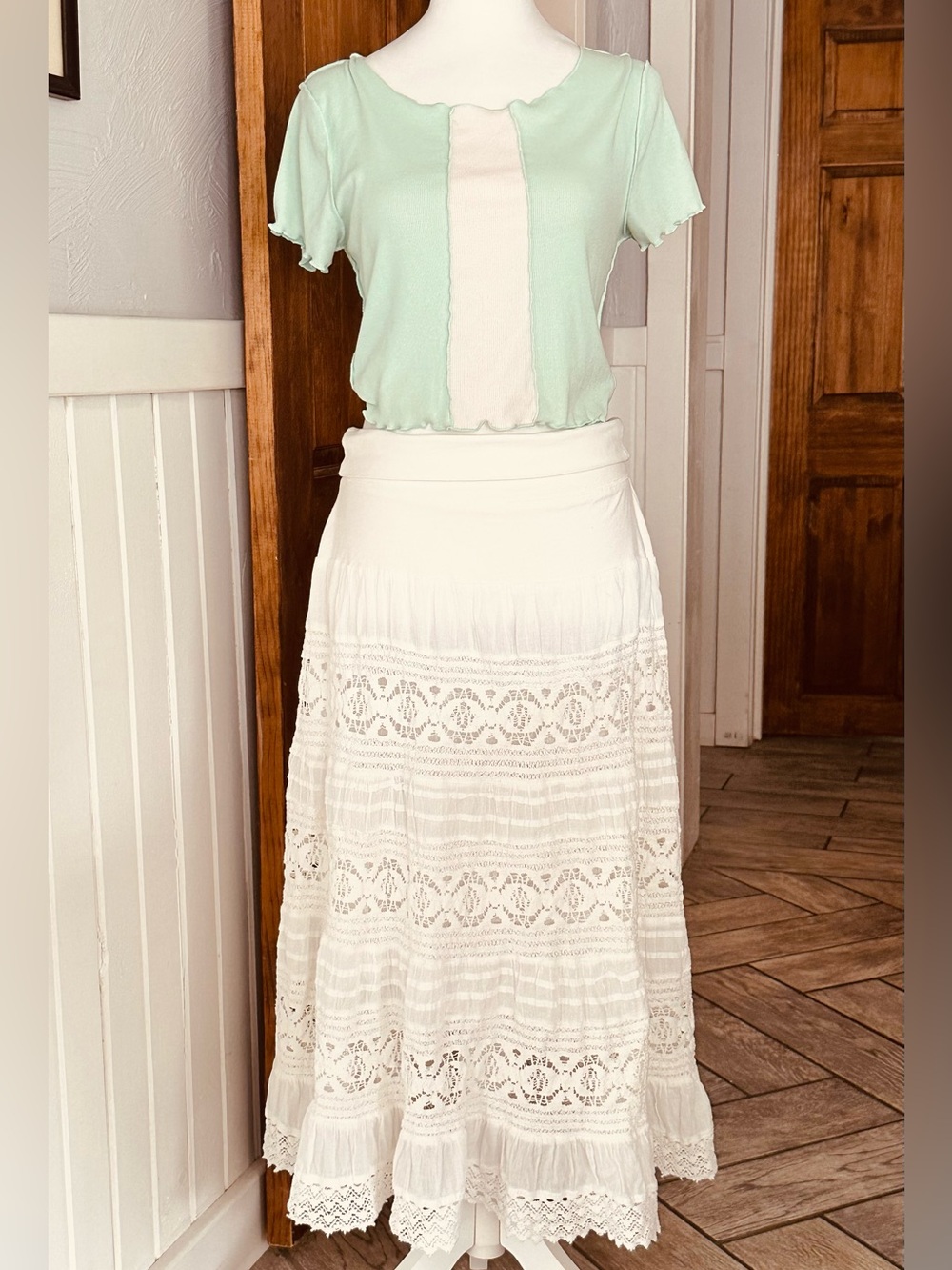 Vtg Y2K Tiered Maxi Skirt Meduim Crochet Fairy Cottage Renaissance Boho Gypsy